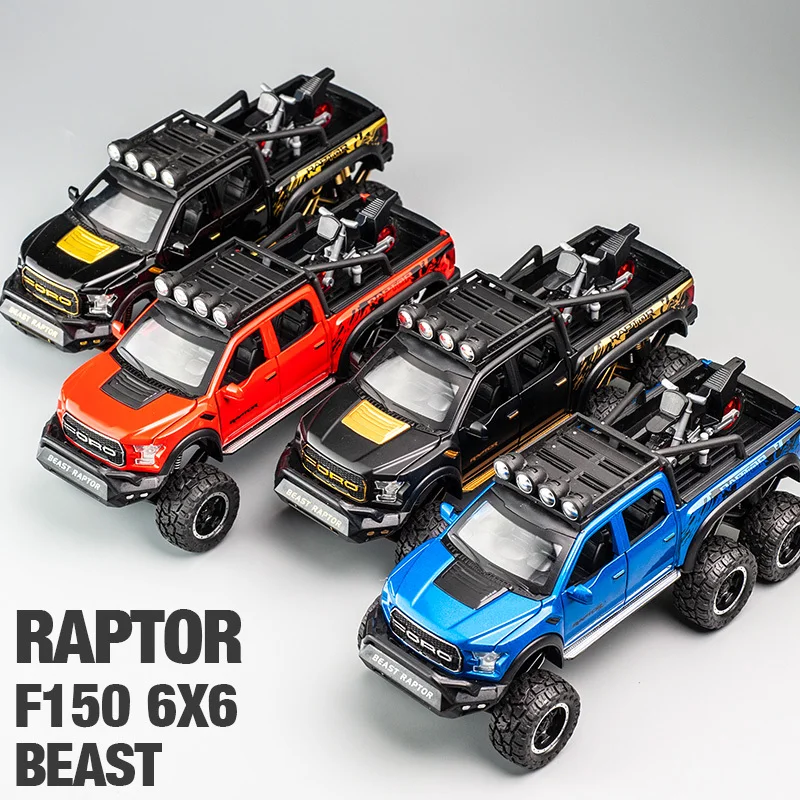 Modelo de coche Ford Raptor F150, rueda grande de aleación fundido a presión con luz de sonido, coche de juguete para niños, regalos de Navidad, 1:28