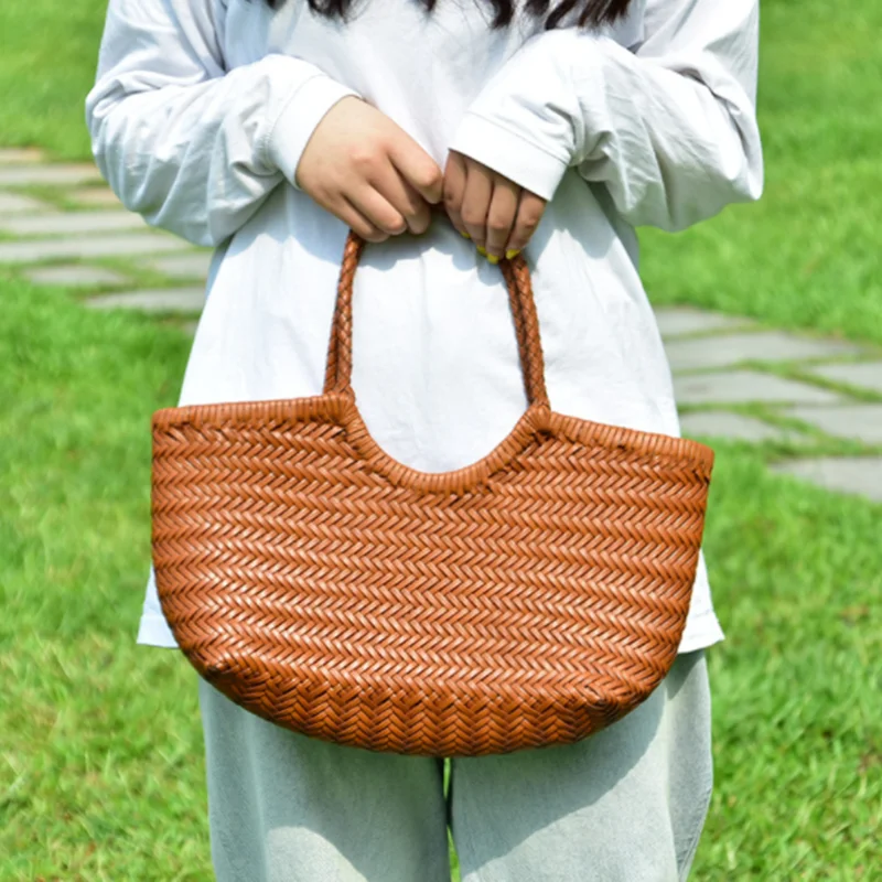 Genuine Leather Hand-woven casual vegetable basket bag with  Woven Inside Bag Vintage Shopping Bag Tote Bag Crossed Tote Bags