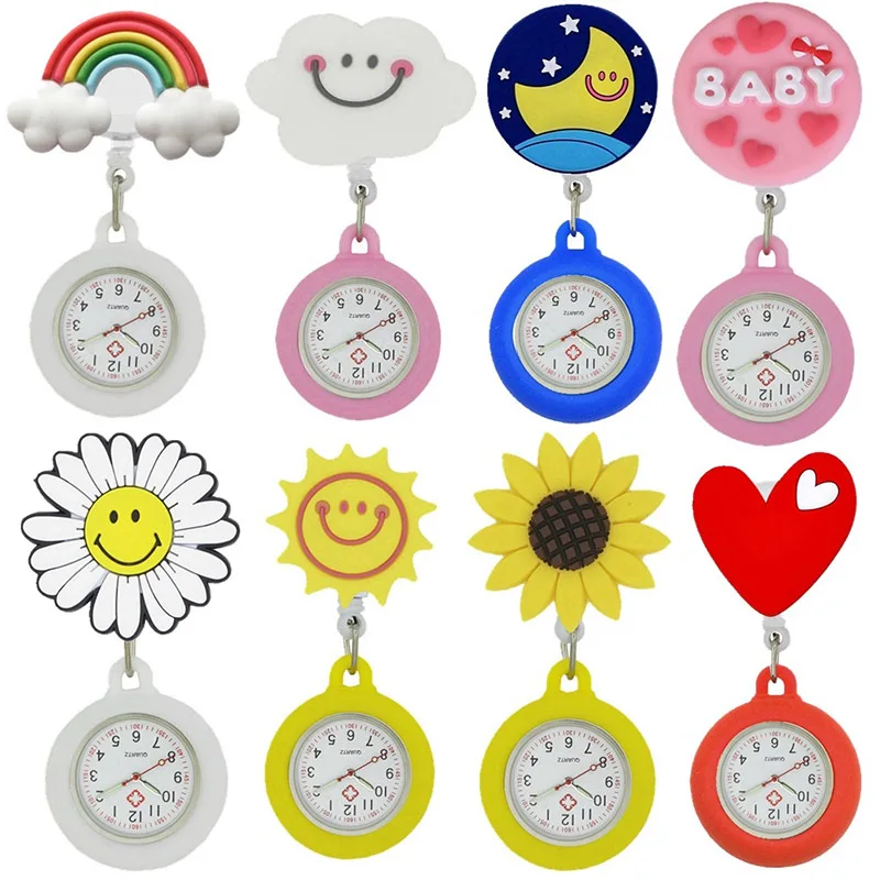 Wholesale Fashion Sun Moon Cloud Rainbow Love Heart Nurse Doctor Hospital Retractable Pocket Watches Medical Gifts Clock Watch