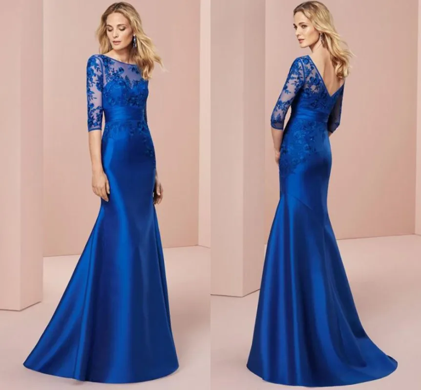 2024 di alta qualità Mermaid Blue Lace Mother of the Bride Dress manica a tre quarti scollo a barca abiti da sposa Vestidos Noiva