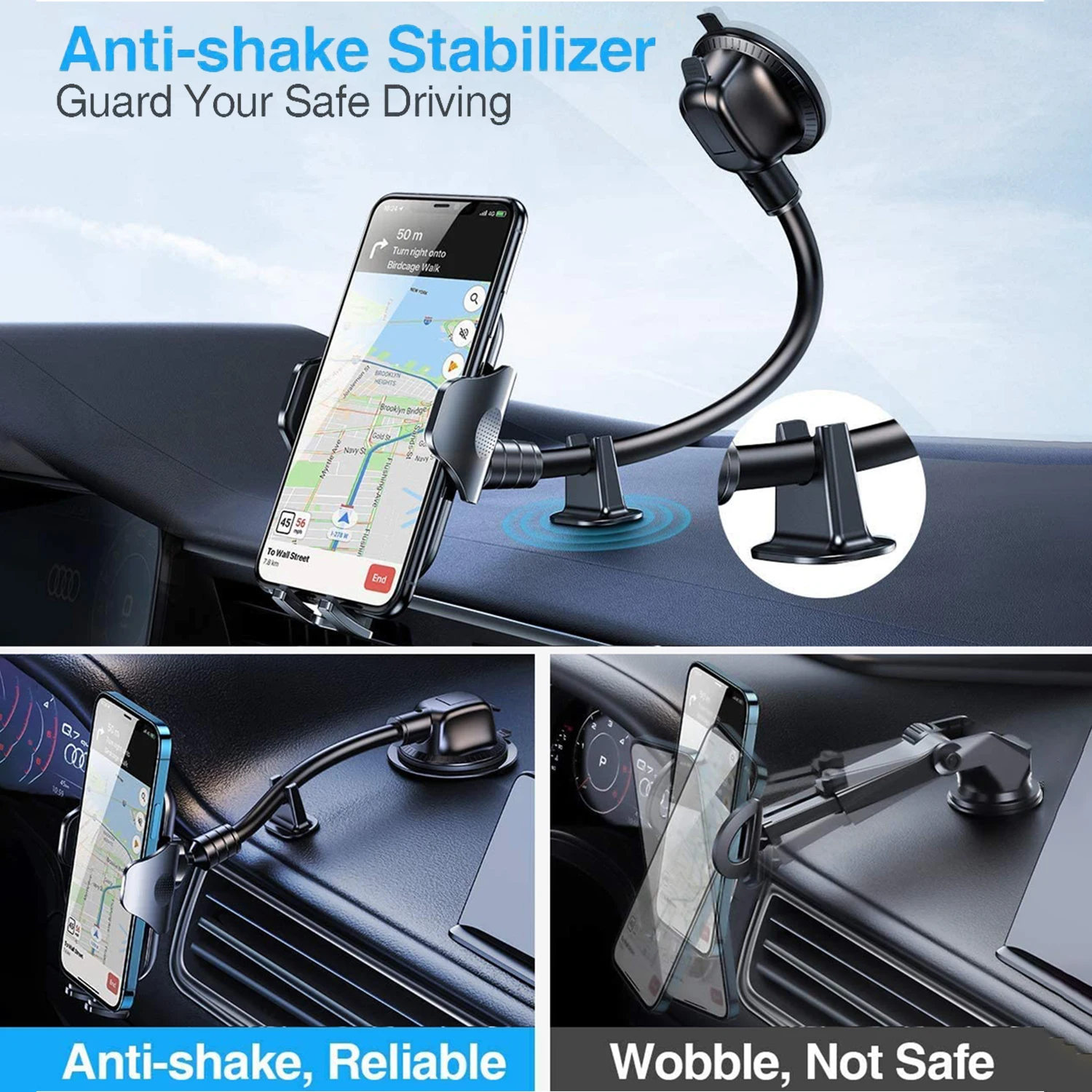 Dashboard Car Phone Holder【360° Widest View】9in Flexible Long Arm, Universal Handsfree Auto Windshield Air Vent Phone Mount 2023