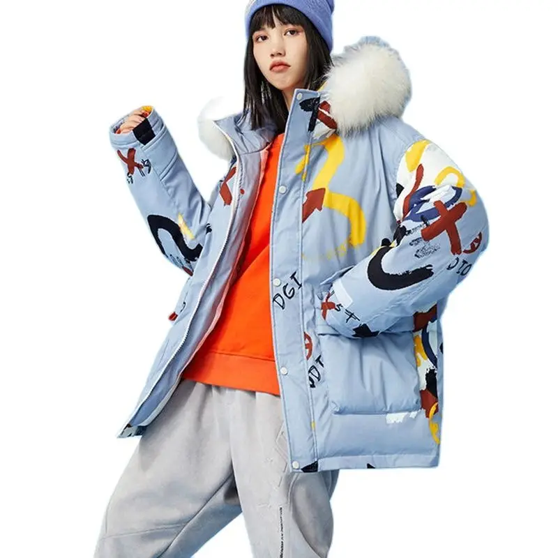 New Fashion Printed Down Jacket Womens Hooded Parka Overcoat Couple Wear Winter Cold Warm 90% White Duck Down Jackets 100KG