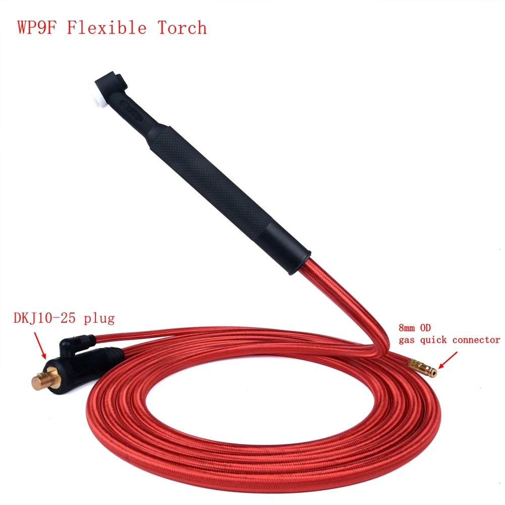 WP9 WP9F TIG Welding Gun Welder Flexible Torch Gas-Electric Integrated Red Hose Cable Wires 10-25 Euro Connector 4M 13Ft