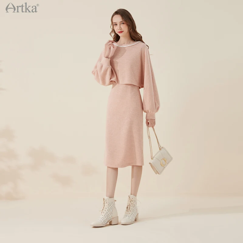 ARTKA 2021 A/W New Women Suits Elegant O-Neck Short Knitted Sweatshirt Set Tank Slim Midi Knitted Dresses 2 Piece Set VA20111D