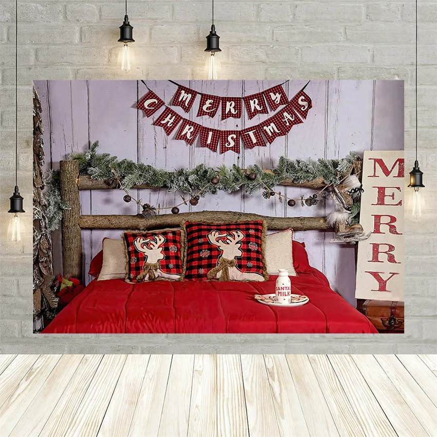 

Avezano Merry Christmas Background For Photography Winter Wooden Wall Red Bed Family Holiday Backdrop Photo Studio Photozone