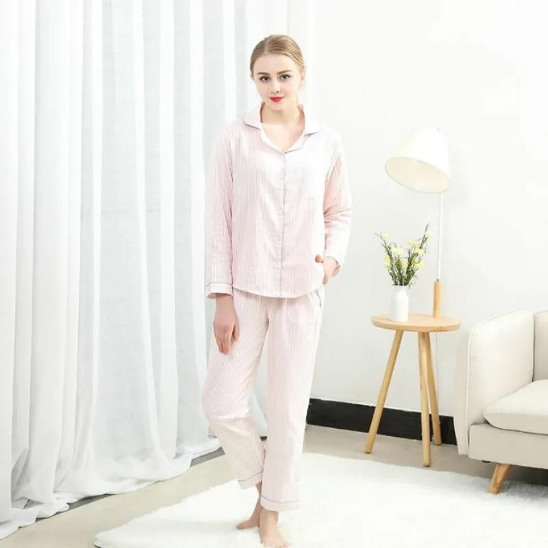 Sleepwear Women\'s Cotton Home Suit Pajamas Winter Long Sleeve Stripe Pyjama Female Casual Lounge Set Dropshipping