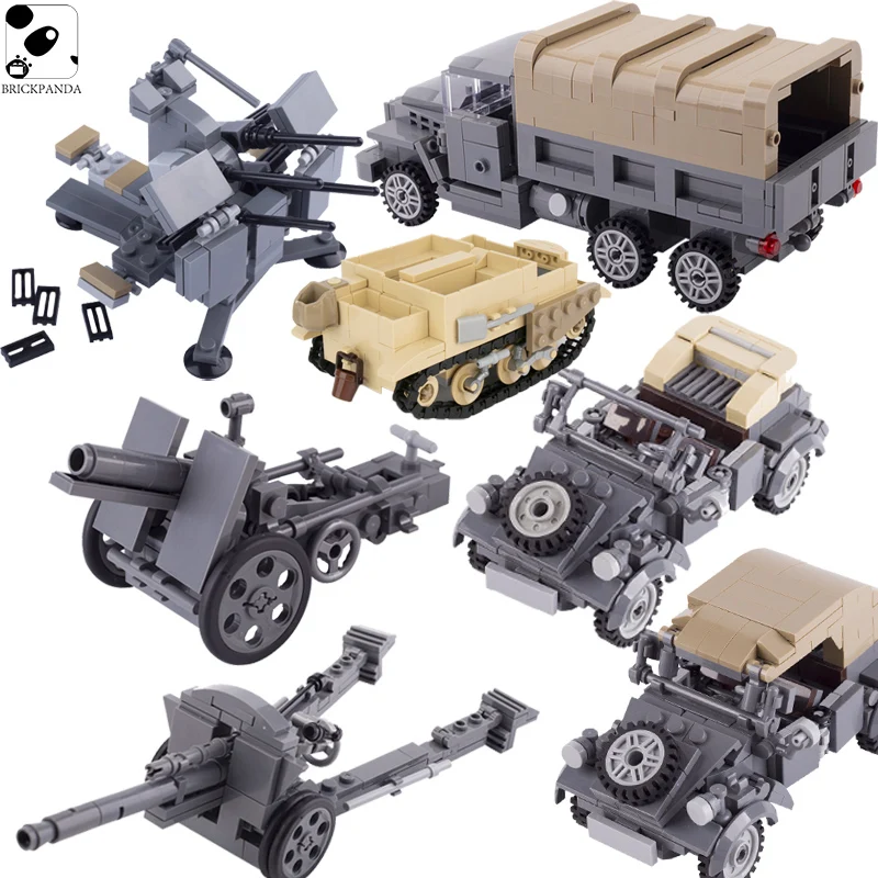 MOC WW2 Military Building Blocks USA Soldier Figures Weapon Parts Tank Car Truck Cannon German Army Bricks Accessory Kids Toys