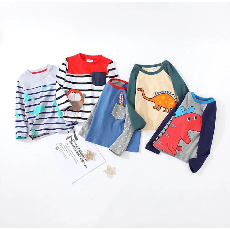 2024 Spring Autumn For 2-8 9 10 Years Children Cotton Striped Color Patchwork Cartoon Animal Baby Kids Boys Long Sleeve T-Shirts