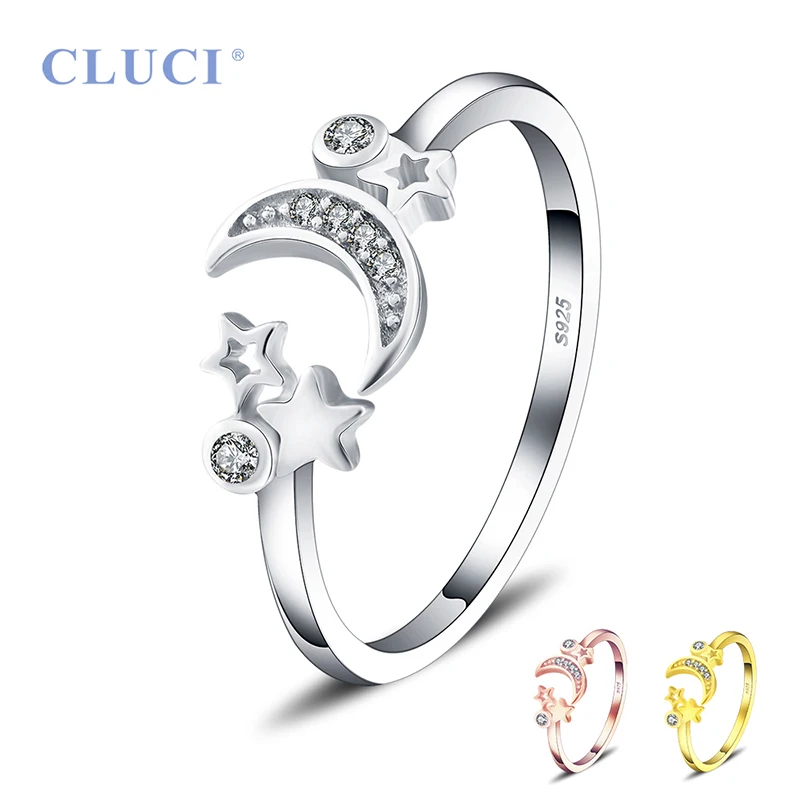 Cluci anel de prata 925 feminino ajustável, joia simples fashion estrela e lua abertos anéis dr2001sb