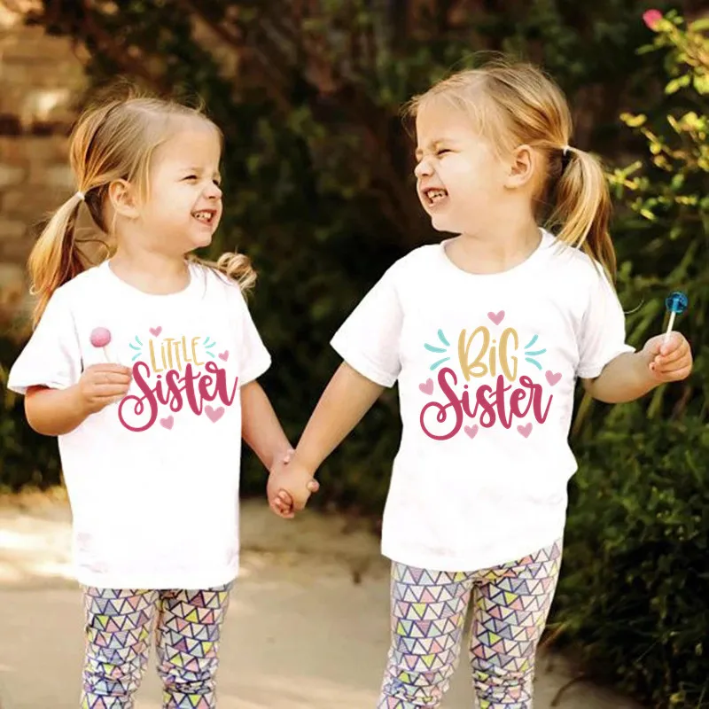 

Children Clothing Big Little Sister T-Shirts Sisters Matching Outfits Twins Kids Girl Family Look Matching Anouncement Tops Tee