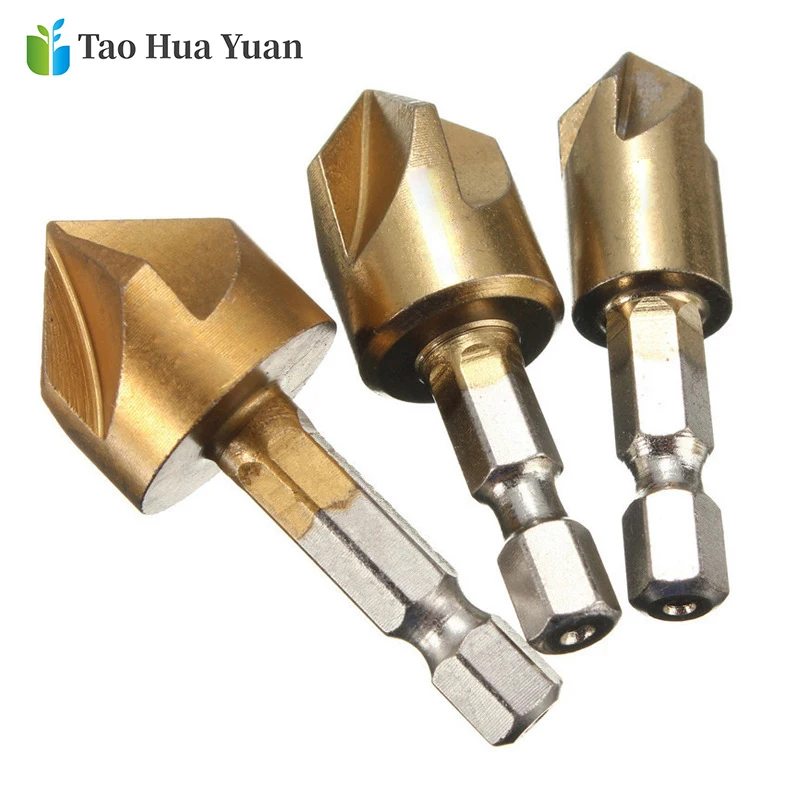 6Pcs 90 Graden 5 Fluiten Afkanten Cutter 6-19Mm Titanium Coated Afschuining Boor 1/4 Hex Shank verzinkboor Boor Sets Aa