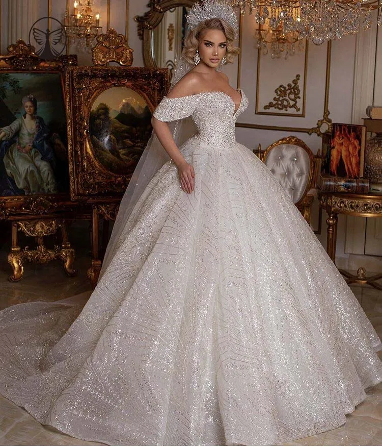 2022 vintage fora do ombro querida frisado bling manga curta inchado vestido de baile vestidos de casamento