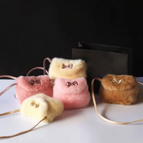 Mignon enfants enfants filles sac de messager Mini nœud sacs à bandoulière fourrure douce en peluche sacs à main couleur unie doux sac à main