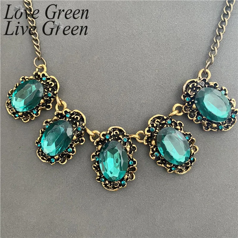 

Retro Golden Plated Chain Statement Necklace Emerald Green Pendant Crystal Jewelri Star Long Collier Choker Collar Necklace New