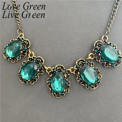 Retro Golden Plated Chain Statement Necklace Emerald Green Pendant Crystal Jewelri Star Long Collier Choker Collar Necklace New