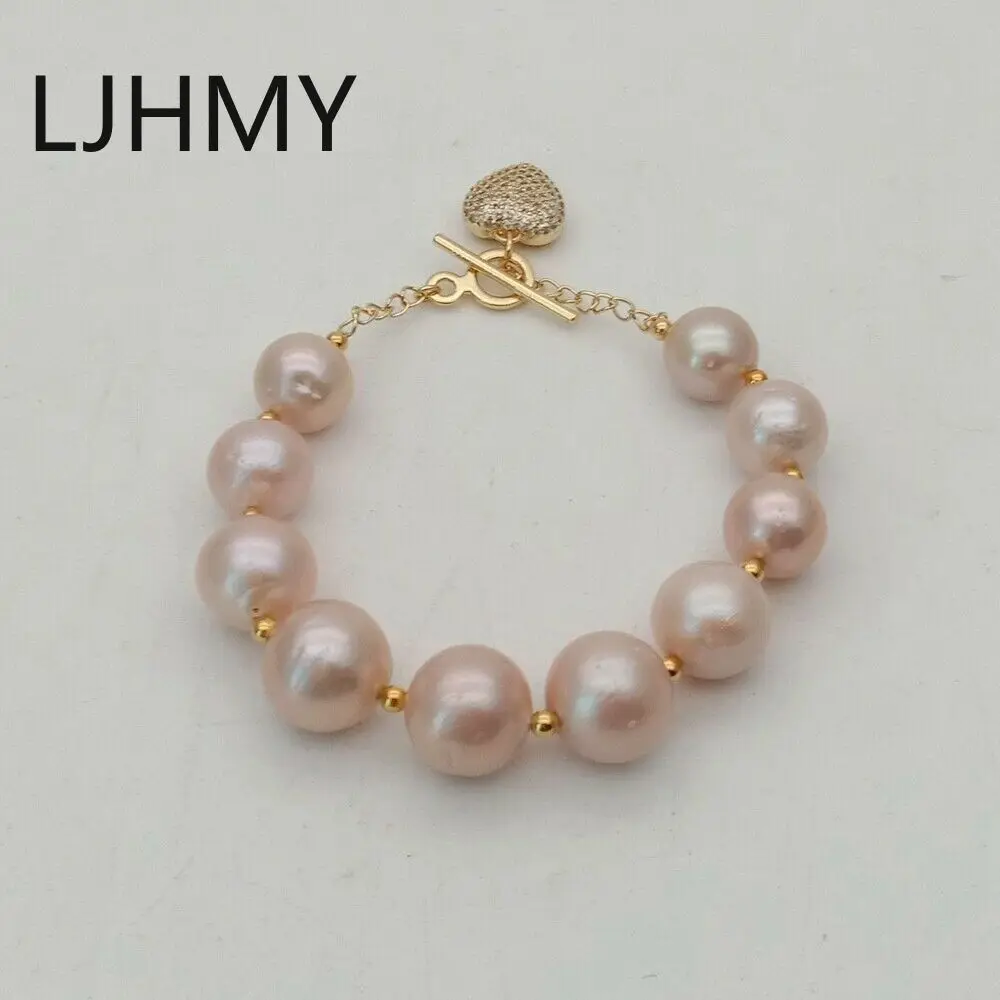 

LJHMY Big Natural Real Freshwater Pearl 11-12mm Bracelet with Heart Pave Pendant Charm Bracelet Women