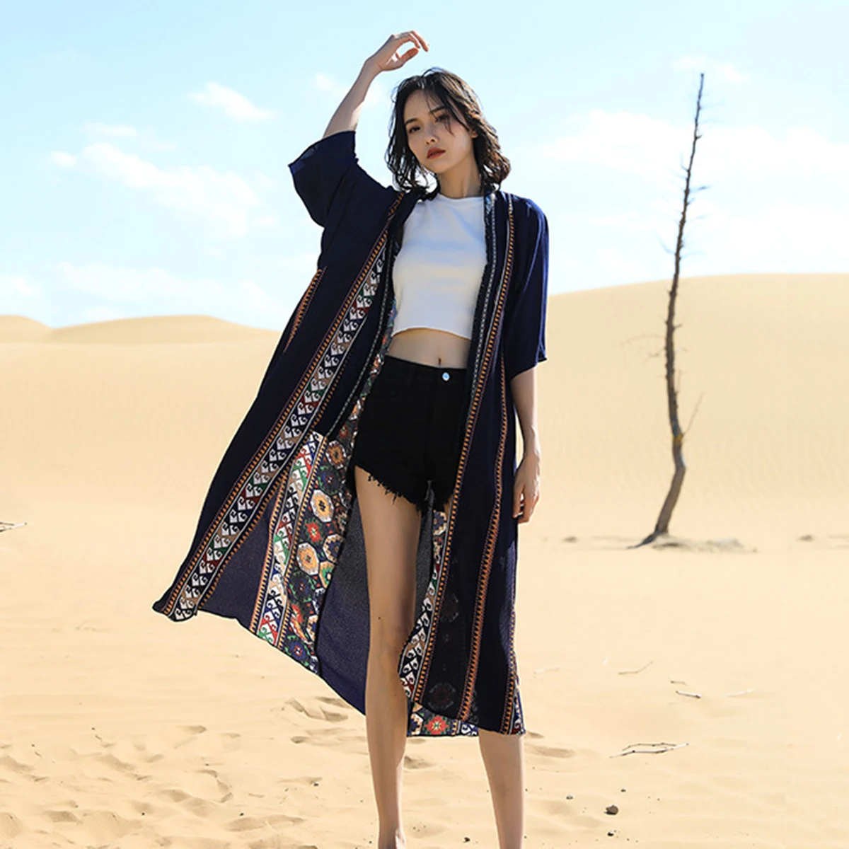 

Jastie Summer Beach Holiday Sun Clothing Thin Coat Short Sleeve Loose Cardigan Sundress Bohemian Vintage Outerwear 2022