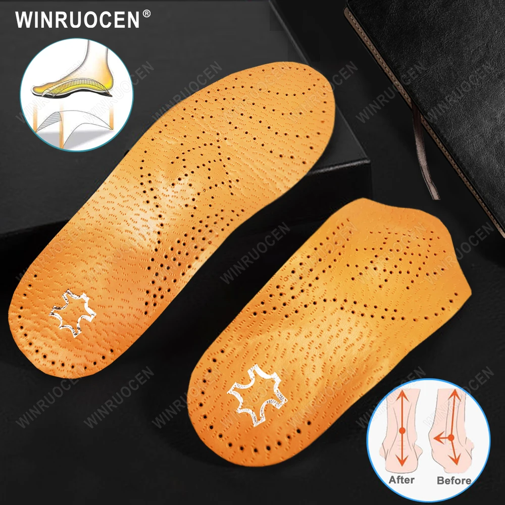 WINRUOCEN Full/Half Insoles Leather Premium Orthopedic Arch Support For Flat Feet Foot Massage men women O/X Leg Half Care Pads