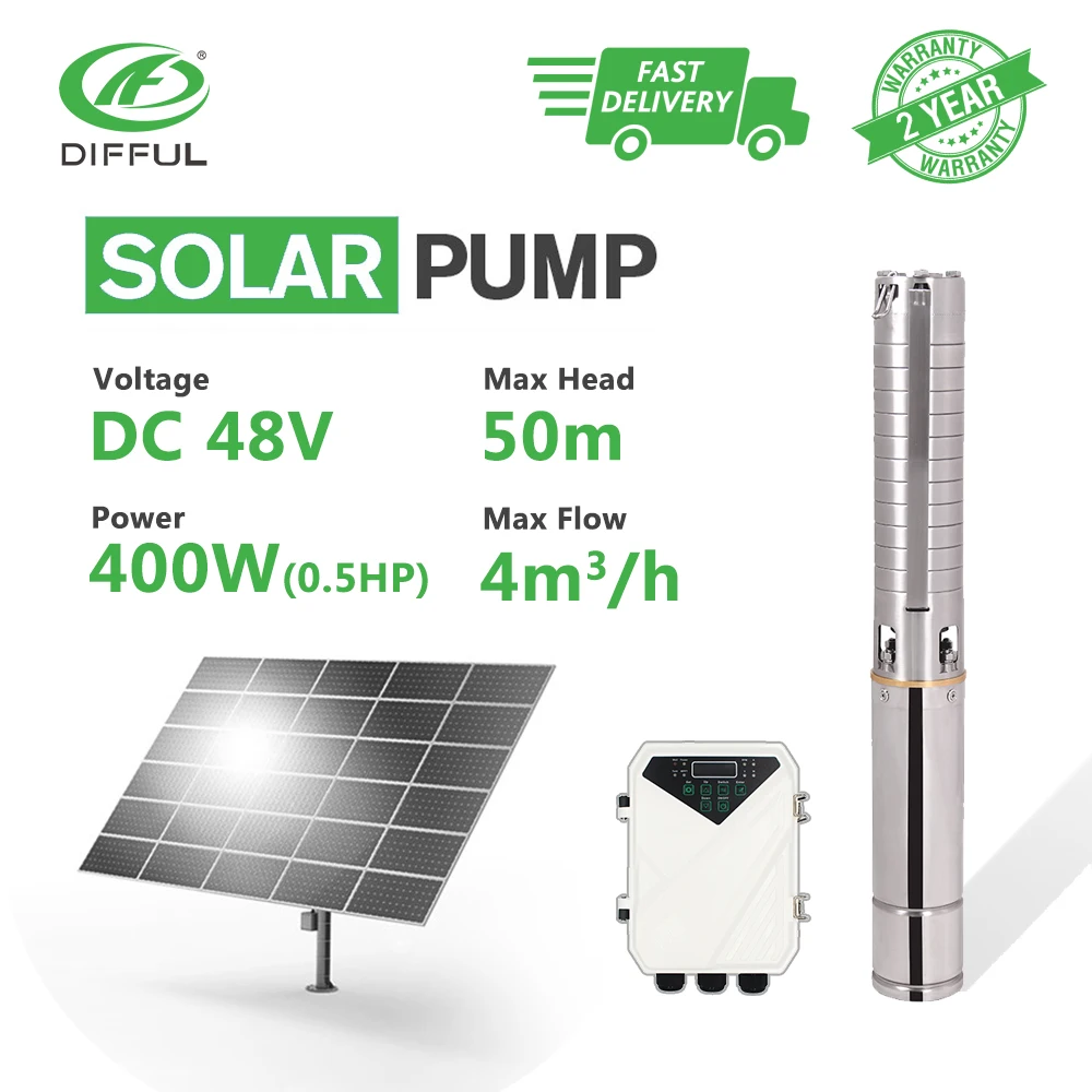 

3" DC Deep Well Solar Water Pump 48V 400W Borehole MPPT Controller Stainless Steel Impeller Borehole Sun Power Farm Irrigation