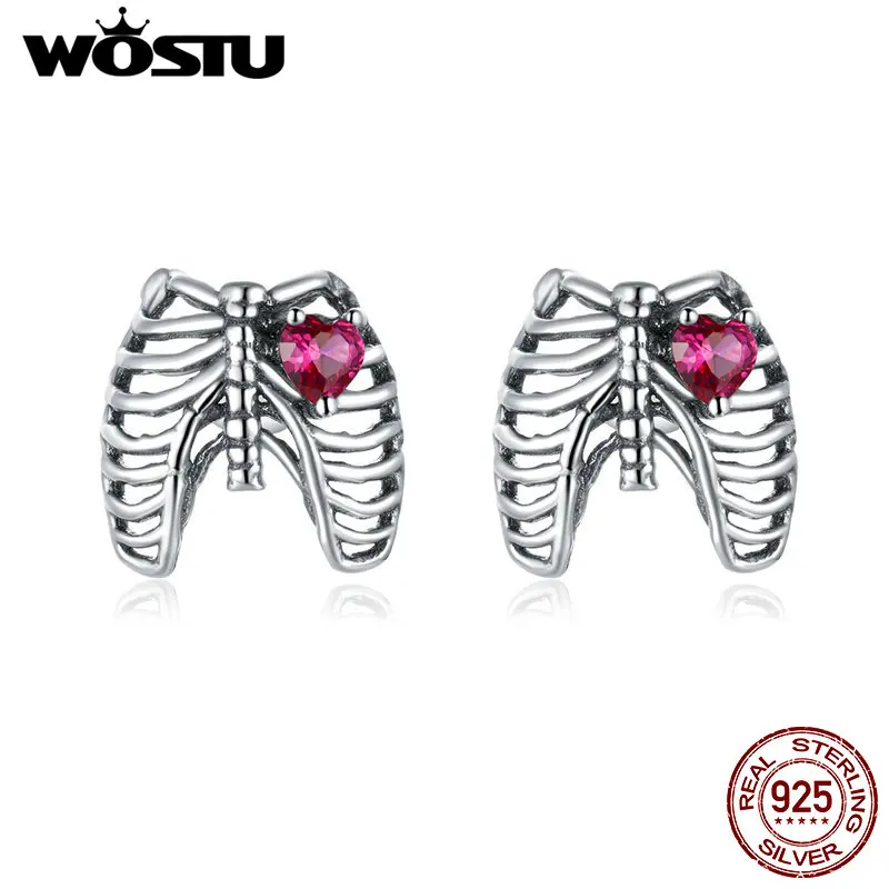 WOSTU Hot Sale 925 Sterling Silver Ribs Bone Stud Earrings Heart-shaped Zircon Earrings For Women Original Design Jewelry CQE970