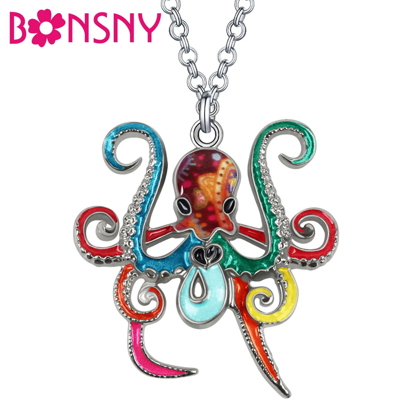 Bonsny Enamel Alloy Cute Deep Ocean Huge Squid Octopus Necklace Pendant Chain Fashion Crystal Jewelry For Women Teen Charm Gifts