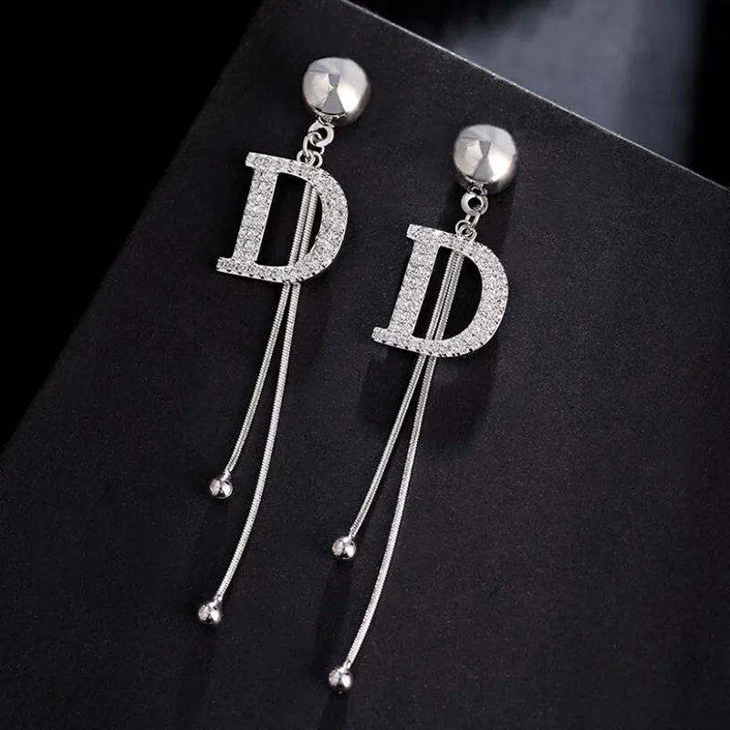 Luxury Brand Long Chain Letter D Clip Earrings For Women Crystal Big Hanging Earring Wedding Jewelry Statement pendientes