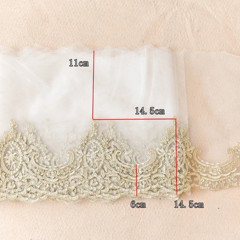 2Yard/lot Hot Sale Gold Mesh Lace Trim Luxury Double Edge Embroidery Lace Fabric for Wedding Dresses 14.5cm/25cm width