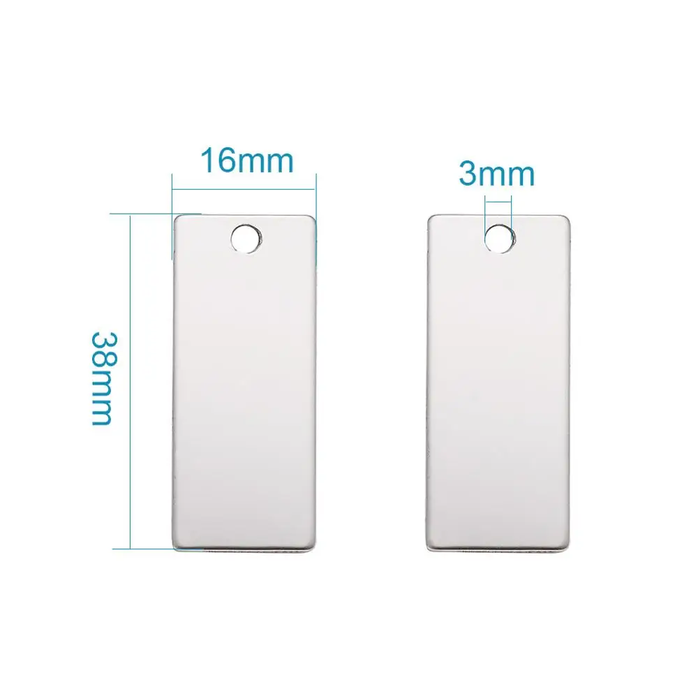 304 Stainless Steel Rectangle Pendants Blank Stamping Tag Stainless Steel Color 38x16x1mm, Hole: 3mm