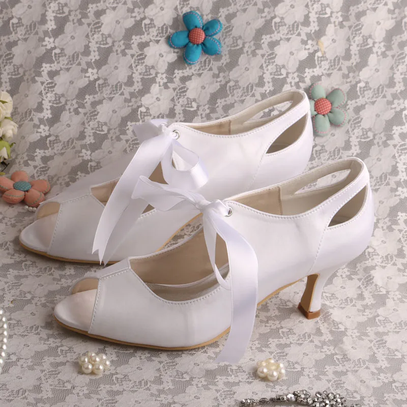 

Wedopus White Mary Jane Shoes Peep Toe Pumps Mid Heel with Ribbon Tie 6.5CM