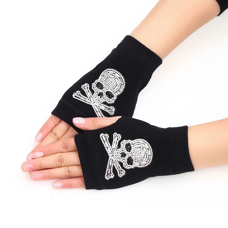 Cartoon Animals Skull Winter Rivet Typing Glove Women Warm Knit Diamonds Sequins Cool Fingerless Touch Screen Dancing Mitten G50