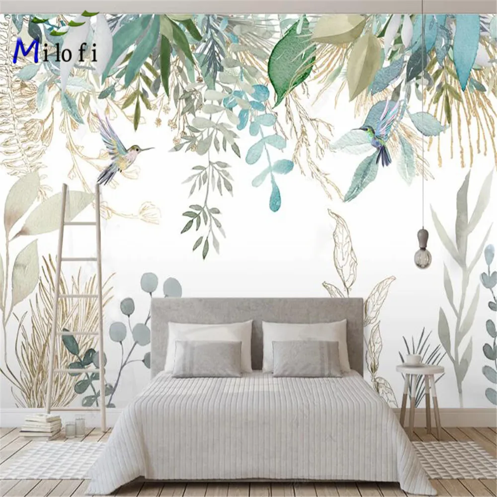 Milofi customized 3D wallpaper mural non-woven fabric Nordic hand-painted small fresh tropical plant leaves flower and bird back