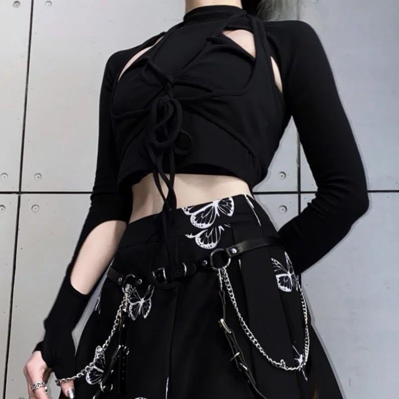 Y Demo Techwear Hollow Out T-shirt Women Patchwork O Neck Lace Up Holes Harajuku Tee 2021 Summer Casual Tops