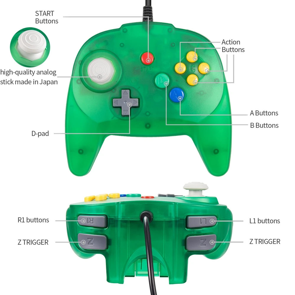 Mini Wired Controller para Jogos Clássicos N64, Gamepad, Joystick para Windows, PC, Mac, Linux, Raspberry Pi 4, Switch Console, Versão USB