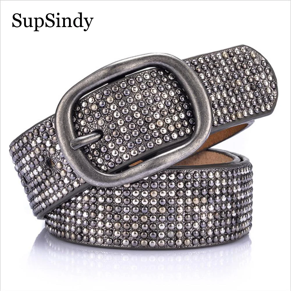 SupSindy Women Leather Belt Geometric Rivets Pin Buckle PU Belts For Women Jeans European Fashion Vintage Waistband Female Black