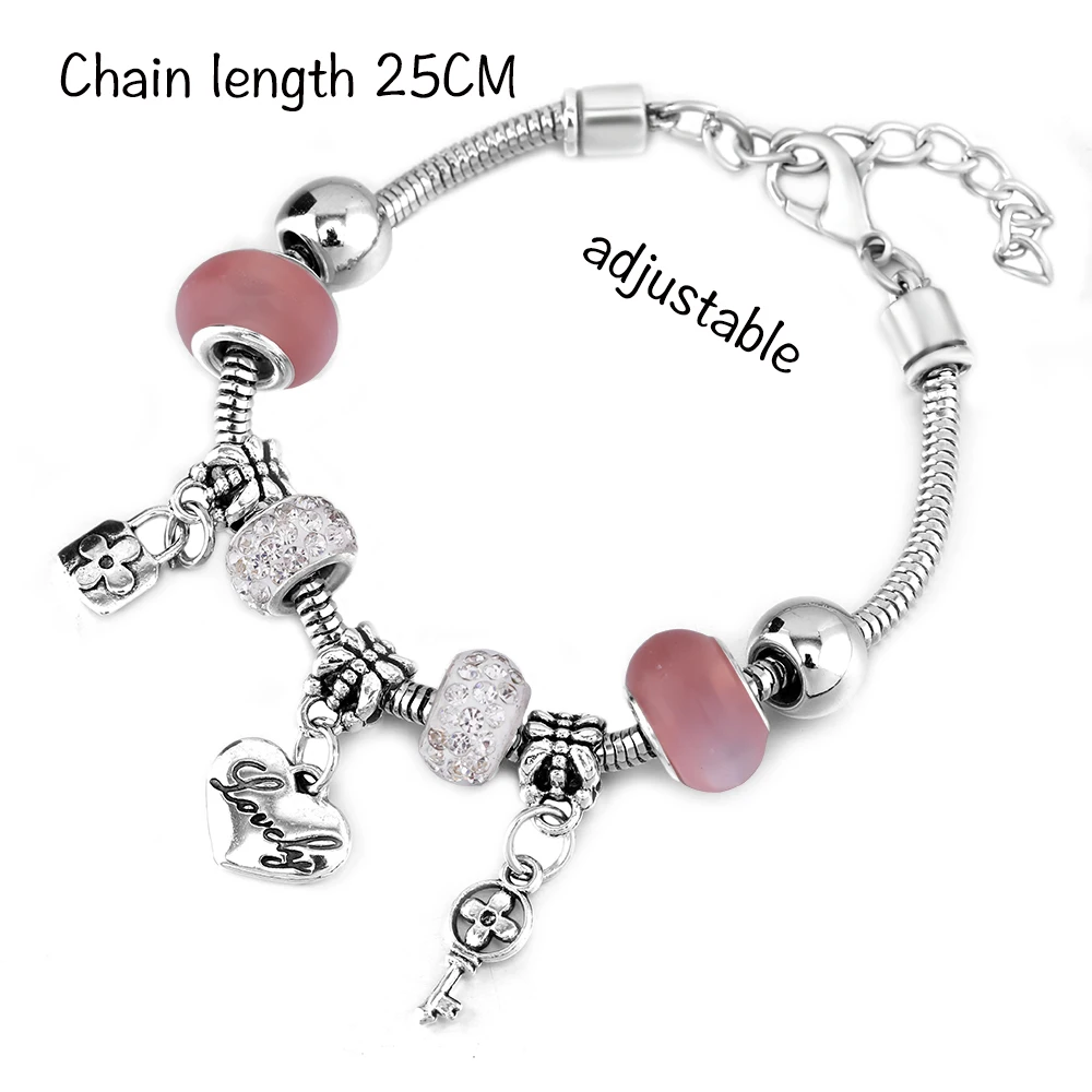 Charm Key and Lock Bangle 6-Color Heart Shape Style Bracelet Lobster Buckle Snake Chain Zircon Beaded Bangles 2021 Women Jewelry