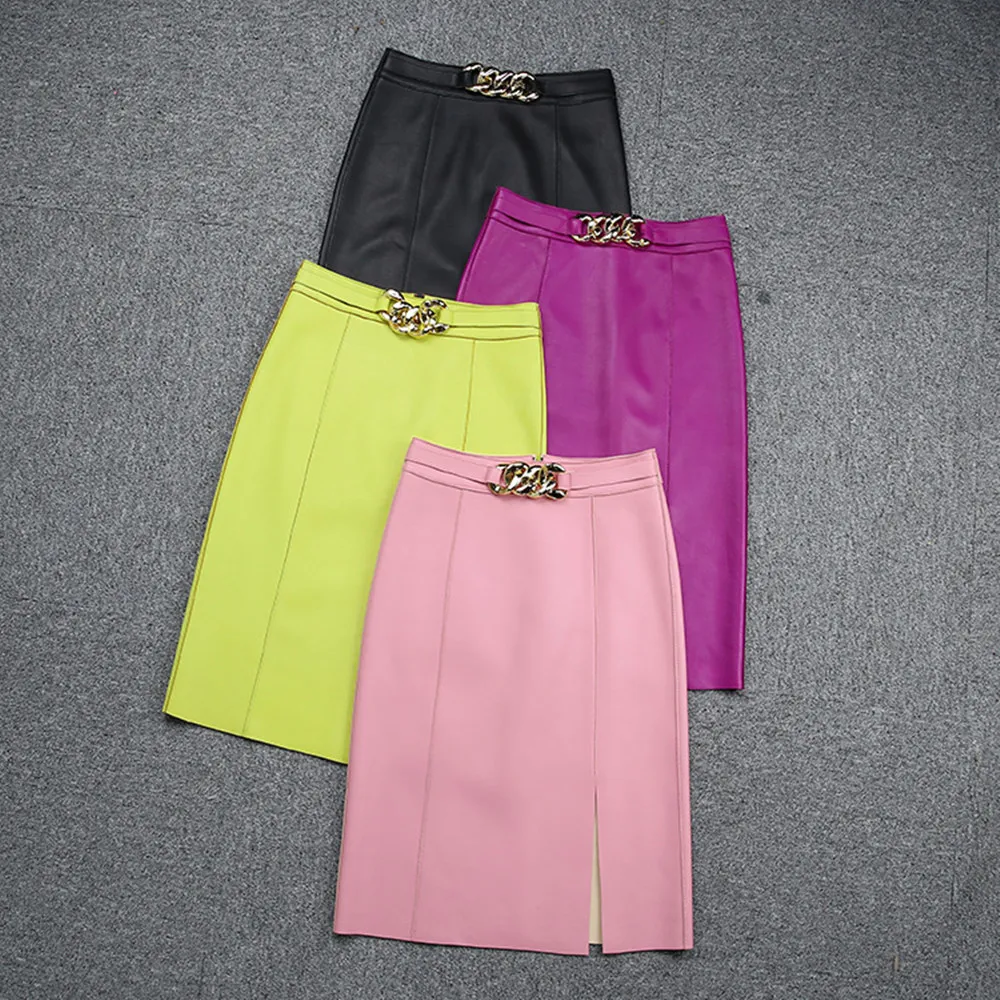 

Autumn New Designer Women's Metal Chain Genuine Leather Skirts C983