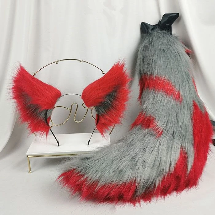 

Handmade Red Neko Fox Ears Tail Style Hairhoop Hairbands Headband Headwear Christmas Halloween Cosplay Accessory