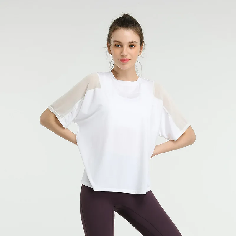 Camisetas de Yoga holgadas para mujer, camiseta de manga corta de malla, camisa deportiva para correr, camisetas de entrenamiento de gimnasio de gran tamaño, blusa femenina