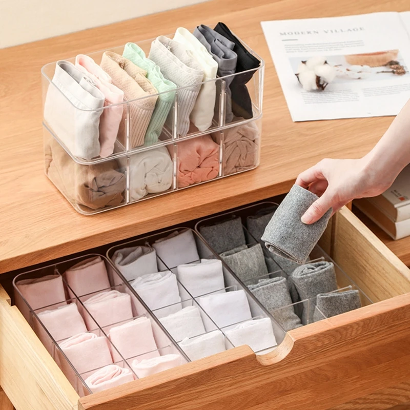 Clear Acrylic Underwear Drawer Organizer Box 4/8 Grids Compartment Divided Closet Storage Bin Stackable Shelf for Socks