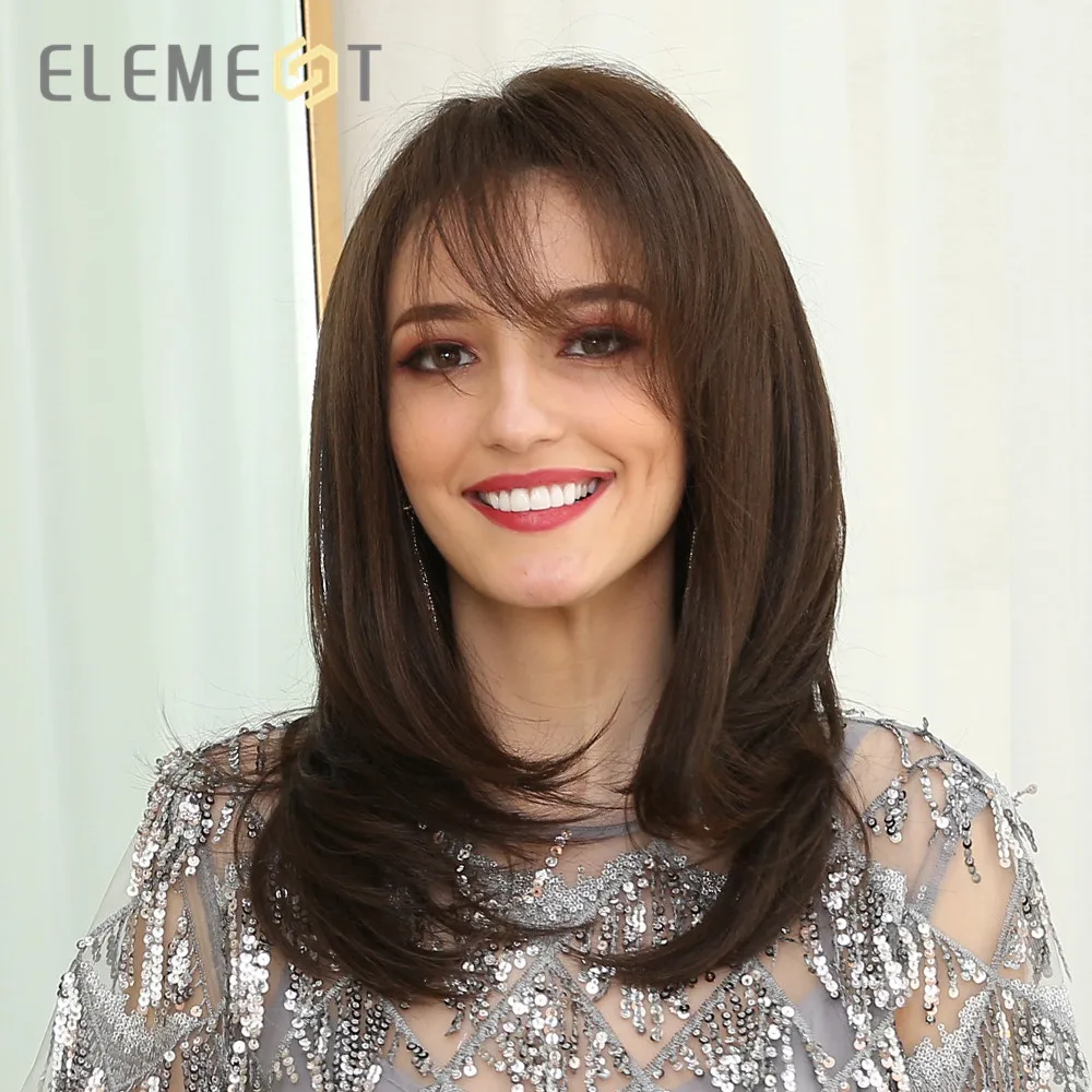 Element Medium Length Synthetic Straight Natural Brown Wigs with Side Bangs Heat Resistant Party Wigs for White/Black Women