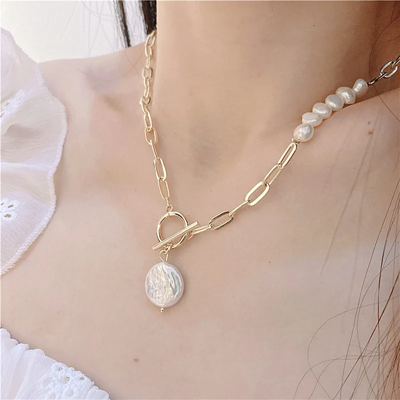 Elegant Natural Freshwater Pearl Necklace for Women Gold Color Chunky Link Chain Lasso Irregular Pearl Pendants Circle Chokers