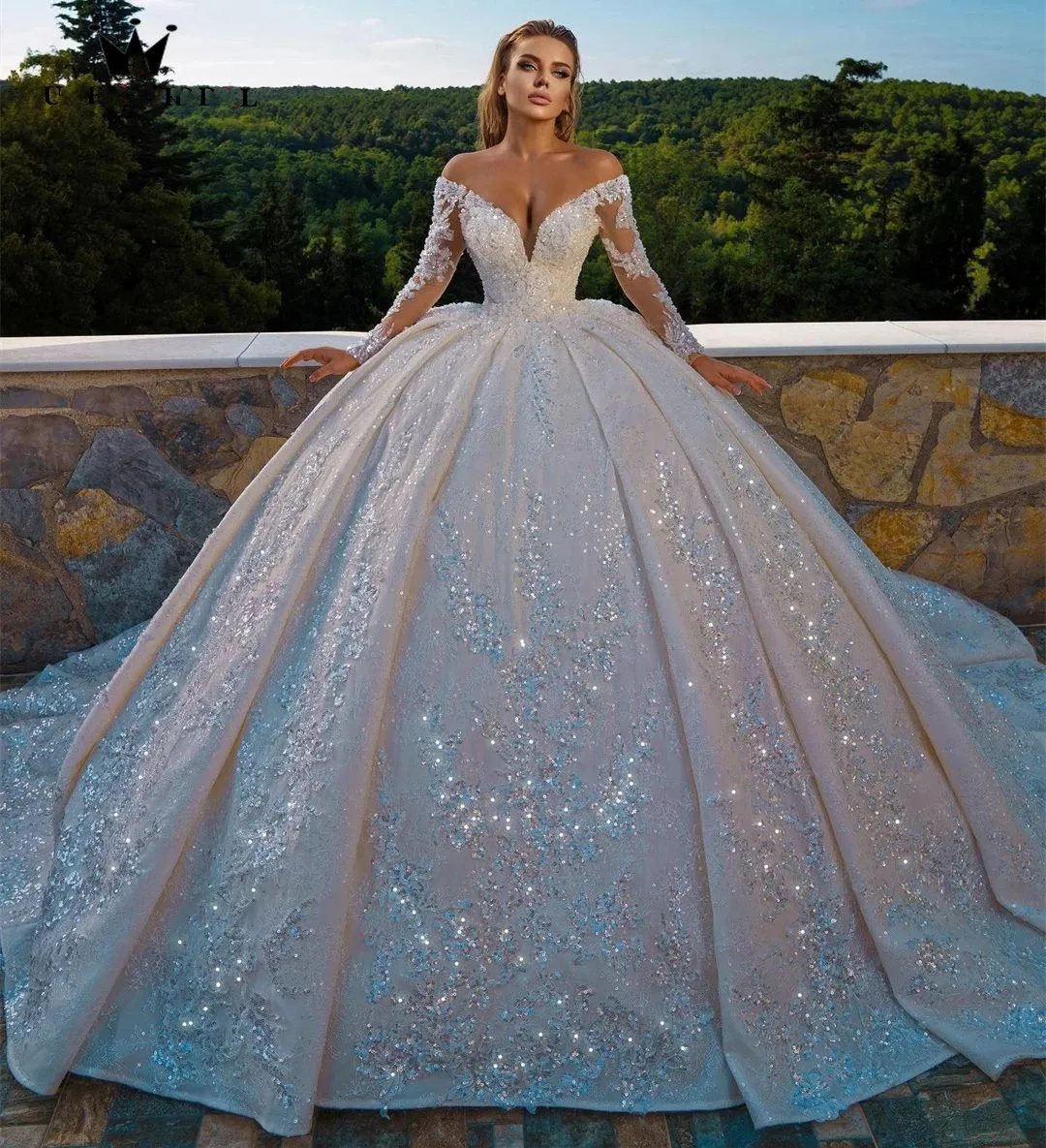 Custom Made Luxurious Wedding Dresses Ball Gown Puffy Long Sleeve Tulle Crystal Beaded Sequins Women Formal Bride Gowns 2027