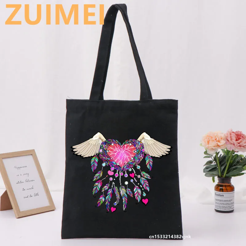 Bag Fashion Feather Wind Chime Funny Women Bags Harajuku Gothic Canvas Bag Horror Cartoon Large Capacity Shopper Bag Casual