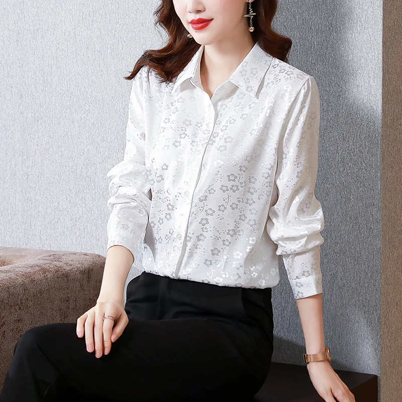 Elegant Office Ladies Flower Work Shirts Women Satin Silk Blouse Fashion Slim Spring Autumn Long Sleeve Silk Shirt Party Tops