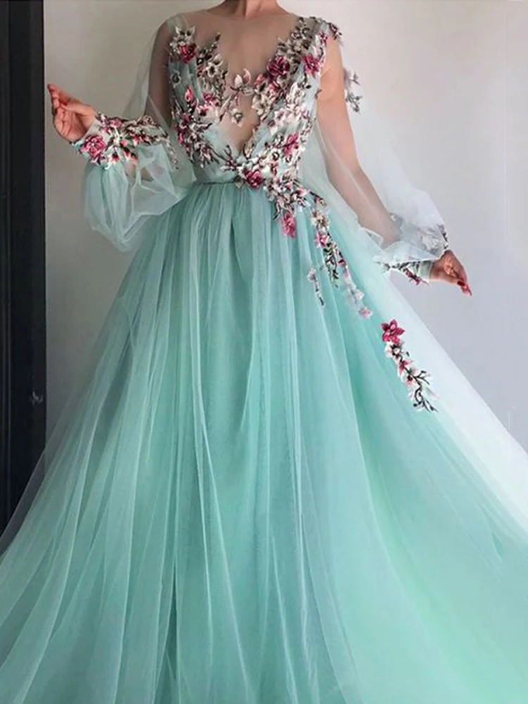 LORIE vestido de noche árabe con apliques de flores en 3D, manga larga, tul verde, Hada, fiesta de celebridades para adolescentes