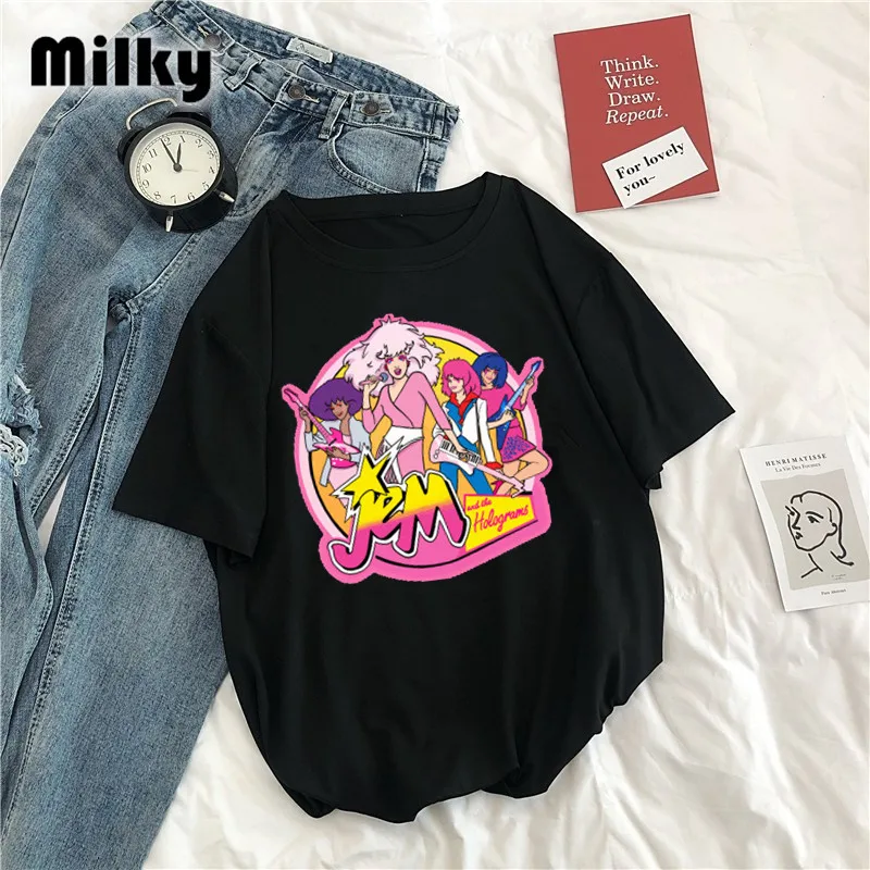 Cool Tops Jem And The Holograms T 셔츠 여성 90s 소녀 셔츠 팬 의류 흰색 힙합 록 Tshirt Graphic Tee