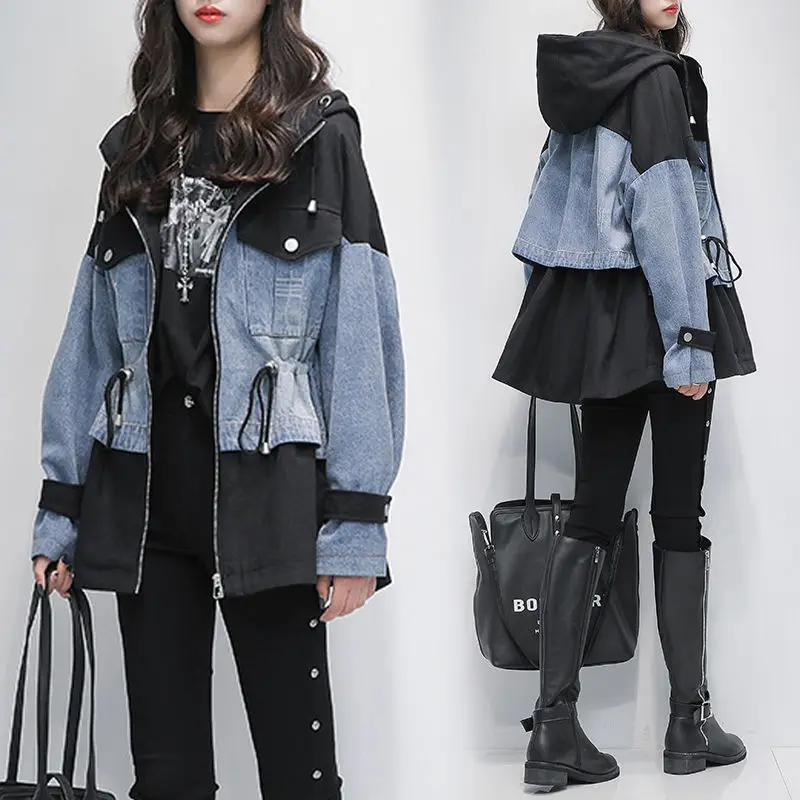 

Spring Plus Size 4XL Patchwork Denim Women Coats Long Sleeve Hooded Zipper Drawstring Female Coat Streetwear Casual Lady Outwear