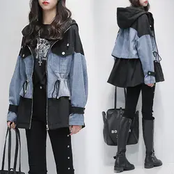 Spring Plus Size 4XL Patchwork Denim Women Coats Long Sleeve Hooded Zipper Drawstring Female Coat Streetwear Casual Lady Outwear