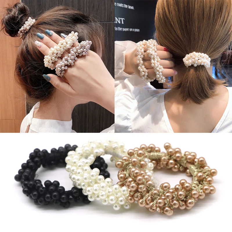 14 Colors Woman Elegant Pearl Hair Ties Beads Girls Scrunchies Rubber Bands Ponytail Holders Hair Accessories Elastic Hair Band