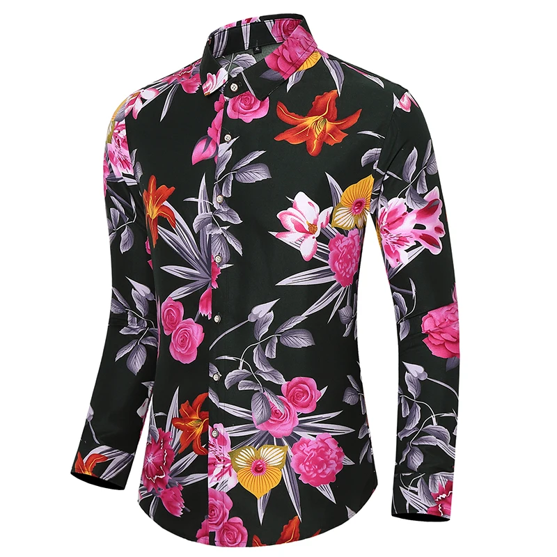 Men\'s Casual Shirt Spring New Arrival Flower Print Long Sleeve Shirts Male Fashion Plus Size Beach Holiday Shirt 7XL